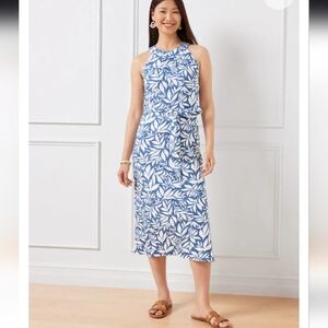 NWT Talbots Nantucket Slub Halter Dress Abstract Leaves size L Sleeveless Belted